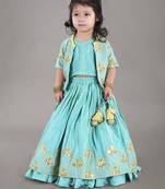 Aqua green flower embroidery blouse and ghagara set