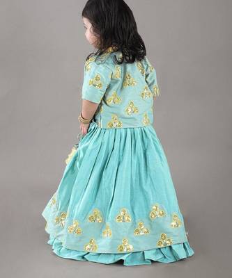 Aqua green flower embroidery blouse and ghagara set 2