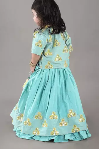 Aqua green flower embroidery blouse and ghagara set