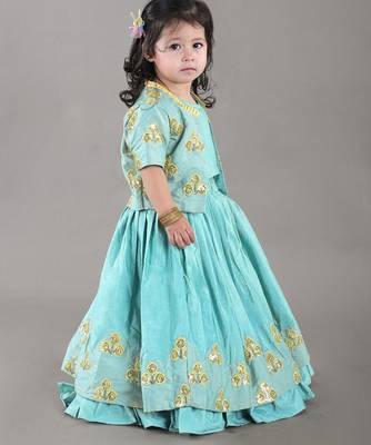 Aqua green flower embroidery blouse and ghagara set 3