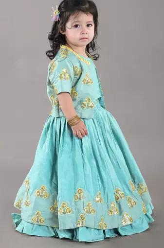 Aqua green flower embroidery blouse and ghagara set