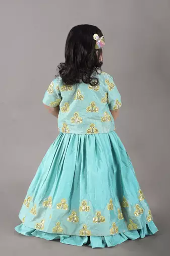 Aqua green flower embroidery blouse and ghagara set