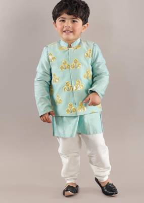 Aqua green kurta with flower embroidery jacket with bottom  set 1