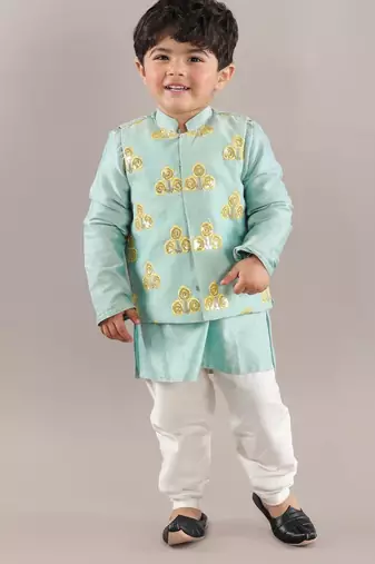 Aqua green kurta with flower embroidery jacket with bottom  set