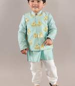 Aqua green kurta with flower embroidery jacket with bottom  set