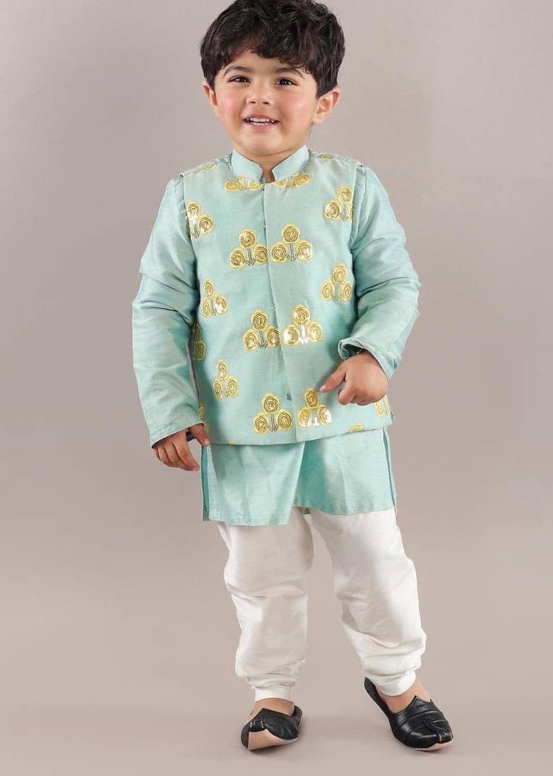 Aqua green kurta with flower embroidery jacket with bottom  set