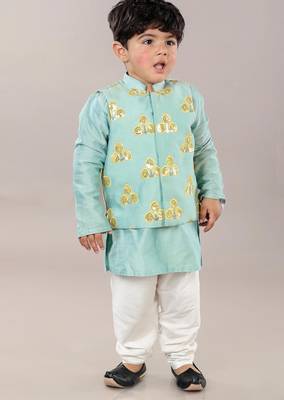 Aqua green kurta with flower embroidery jacket with bottom  set 2