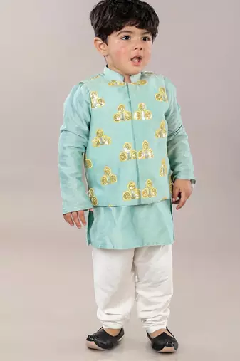 Aqua green kurta with flower embroidery jacket with bottom  set