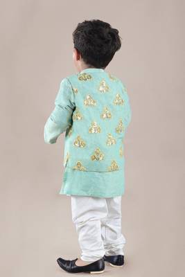 Aqua green kurta with flower embroidery jacket with bottom  set 3