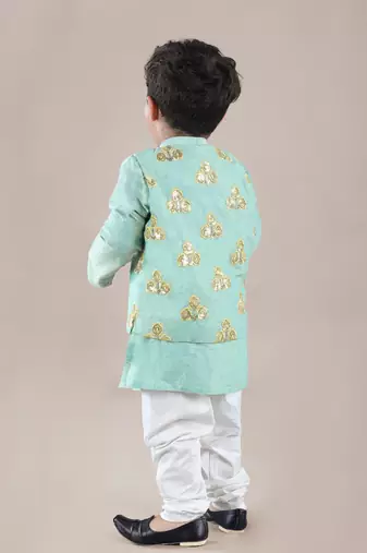 Aqua green kurta with flower embroidery jacket with bottom  set