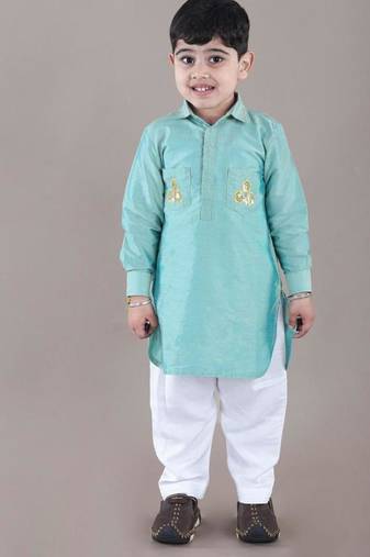 Aqua green kurta with flower embroidery jacket with bottom  set