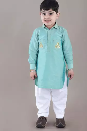 Aqua green kurta with flower embroidery jacket with bottom  set