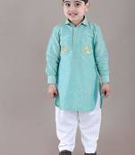 Aqua green kurta with flower embroidery jacket with bottom  set