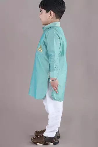 Aqua green kurta with flower embroidery jacket with bottom  set