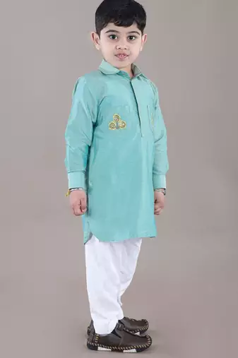 Aqua green kurta with flower embroidery jacket with bottom  set