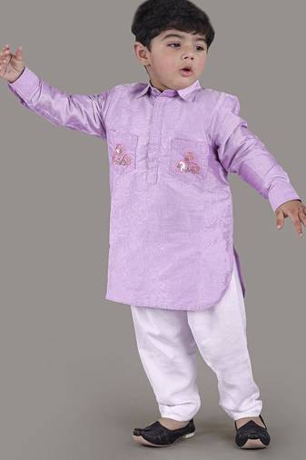 Lavender kurta with flower embroidery jacket with bottom  set