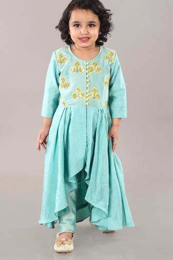 Aqua green anarkali with flower embroidery with bottom set