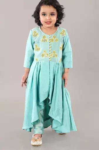 Aqua green anarkali with flower embroidery with bottom set