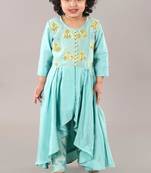 Aqua green anarkali with flower embroidery with bottom set