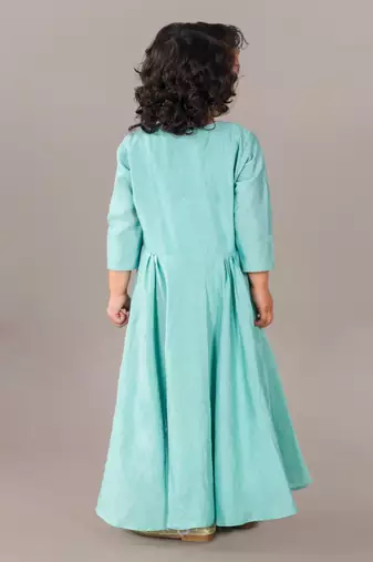 Aqua green anarkali with flower embroidery with bottom set