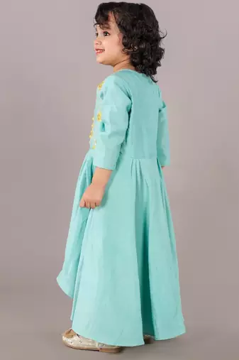 Aqua green anarkali with flower embroidery with bottom set