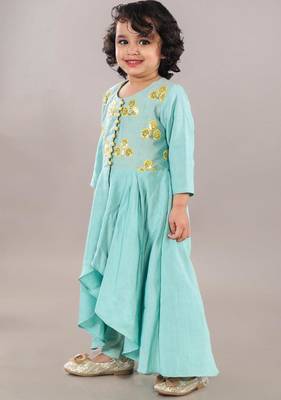 Aqua green anarkali with flower embroidery with bottom set 4