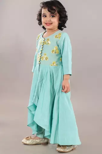Aqua green anarkali with flower embroidery with bottom set