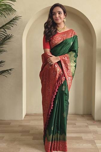 Dark Green Dual Tone silk blend Saree