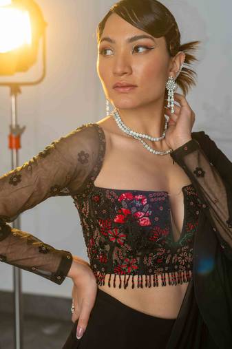 Black+ embroidered+ georgette + readymade + partywear sarees + with blouse