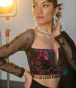 Black+ embroidered+ georgette + readymade + partywear sarees + with blouse