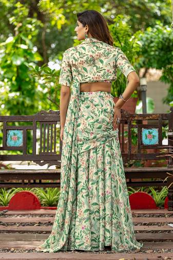 Ivory + highlight embroidered+ chinon+ readymade+  fusion wear + with blouse