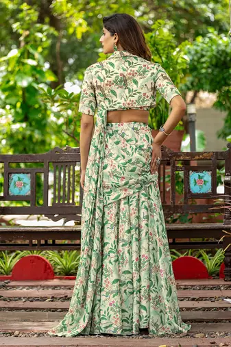 Ivory + highlight embroidered+ chinon+ readymade+  fusion wear + with blouse