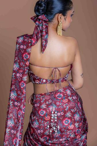 Burgundi + highlight embroidered + chinon + readymade + fusion wear + with blouse