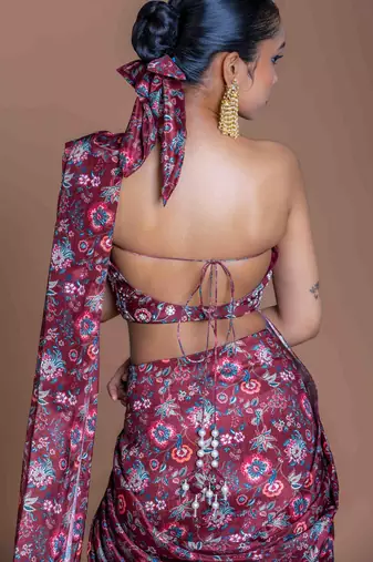 Burgundi + highlight embroidered + chinon + readymade + fusion wear + with blouse