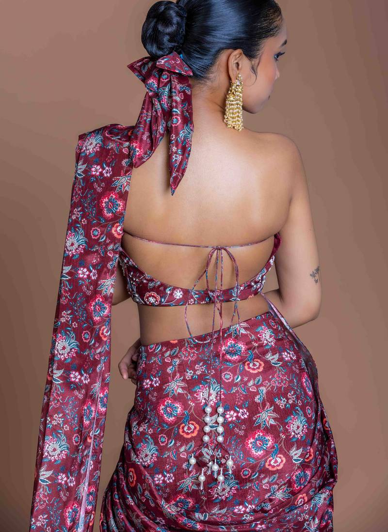 Burgundi + highlight embroidered + chinon + readymade + fusion wear + with blouse