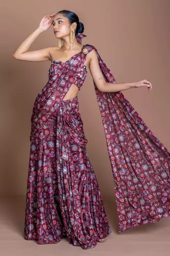 Burgundi + highlight embroidered + chinon + readymade + fusion wear + with blouse