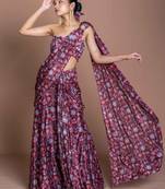 Burgundi + highlight embroidered + chinon + readymade + fusion wear + with blouse