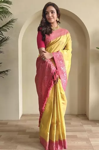 Yellow Dual Tone silk blend Saree
