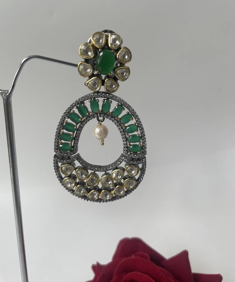 Gold plated green kundan earrings