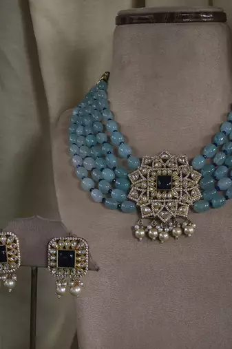Gold plated blue bead necklace set