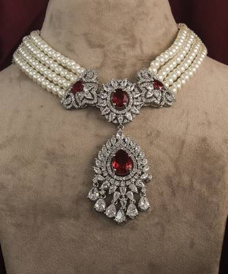 Silver plated ruby Pearl necklace set 2