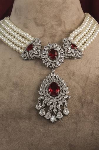 Silver plated ruby Pearl necklace set