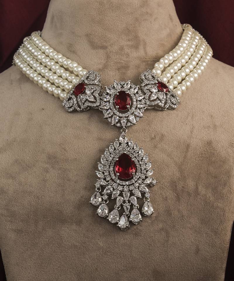 Silver plated ruby Pearl necklace set