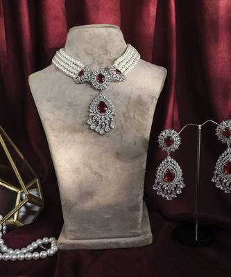 Silver plated ruby Pearl necklace set 1