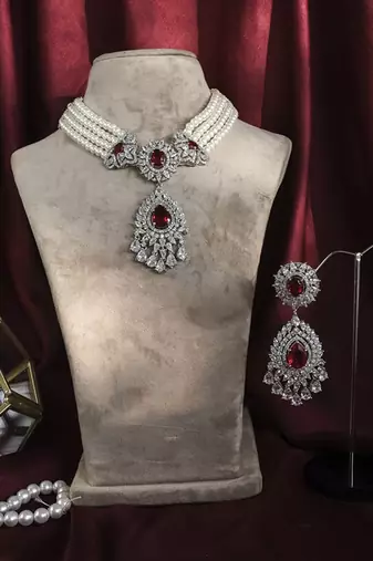 Silver plated ruby Pearl necklace set