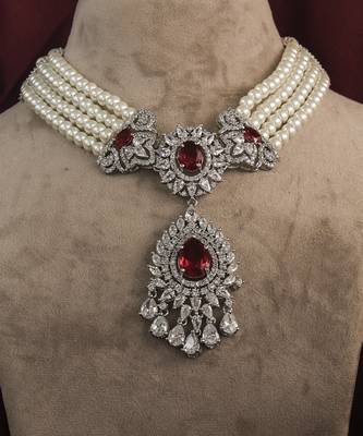 Silver plated ruby Pearl necklace set 4