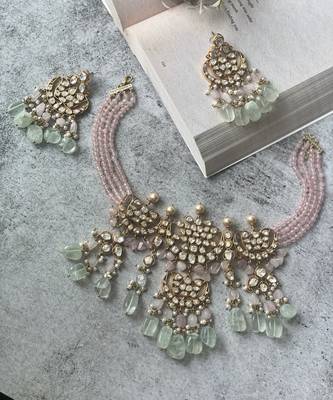Gold plated multicolor  pink bead necklace set 1