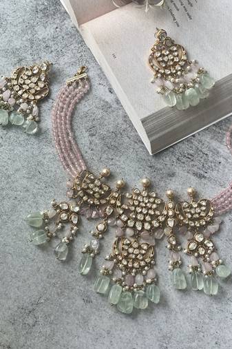 Gold plated multicolor  pink bead necklace set