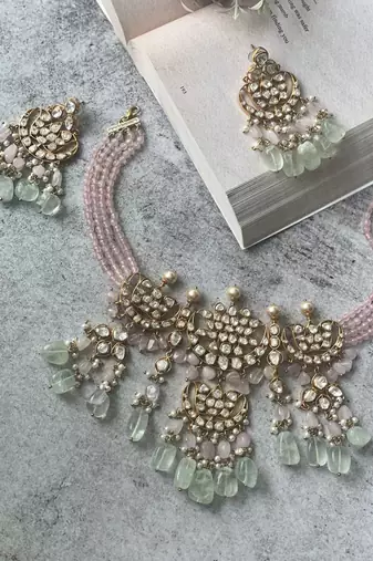 Gold plated multicolor  pink bead necklace set
