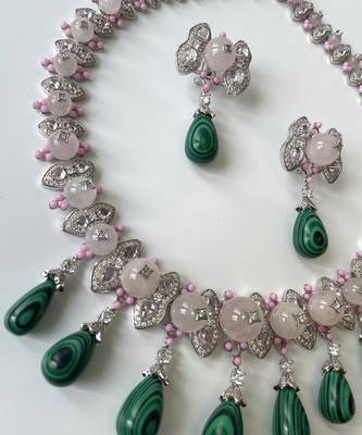 Silver plated Emerald Pearl necklace set 2